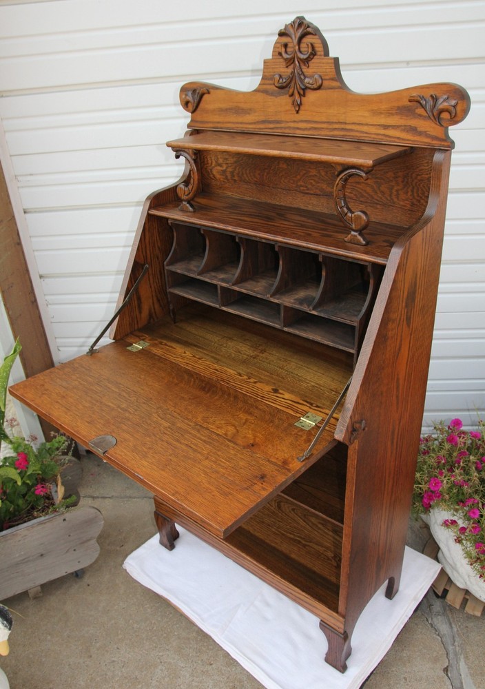 Antique Oak Drop Front Desk w Extra Top Shelf & Applied Leaf Cornucopia Carvings