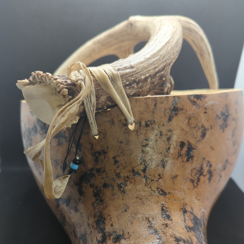 Large Gourd Bowl Cornucopia basket deer antler handle cabin rustic decor