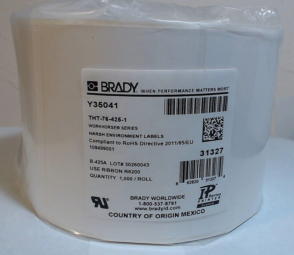 BRADY THT-76-425-1 White Workhorse Polypropylene Printer Labels 1000 Roll 4x3"