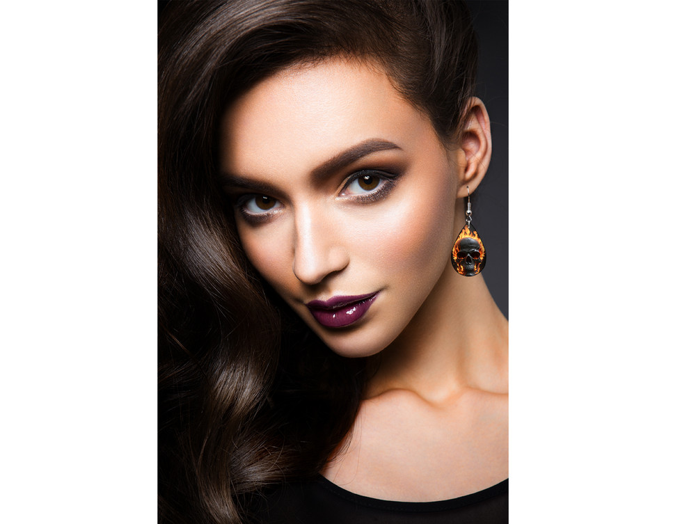 Fire Flaming Skull Teardrop Earrings