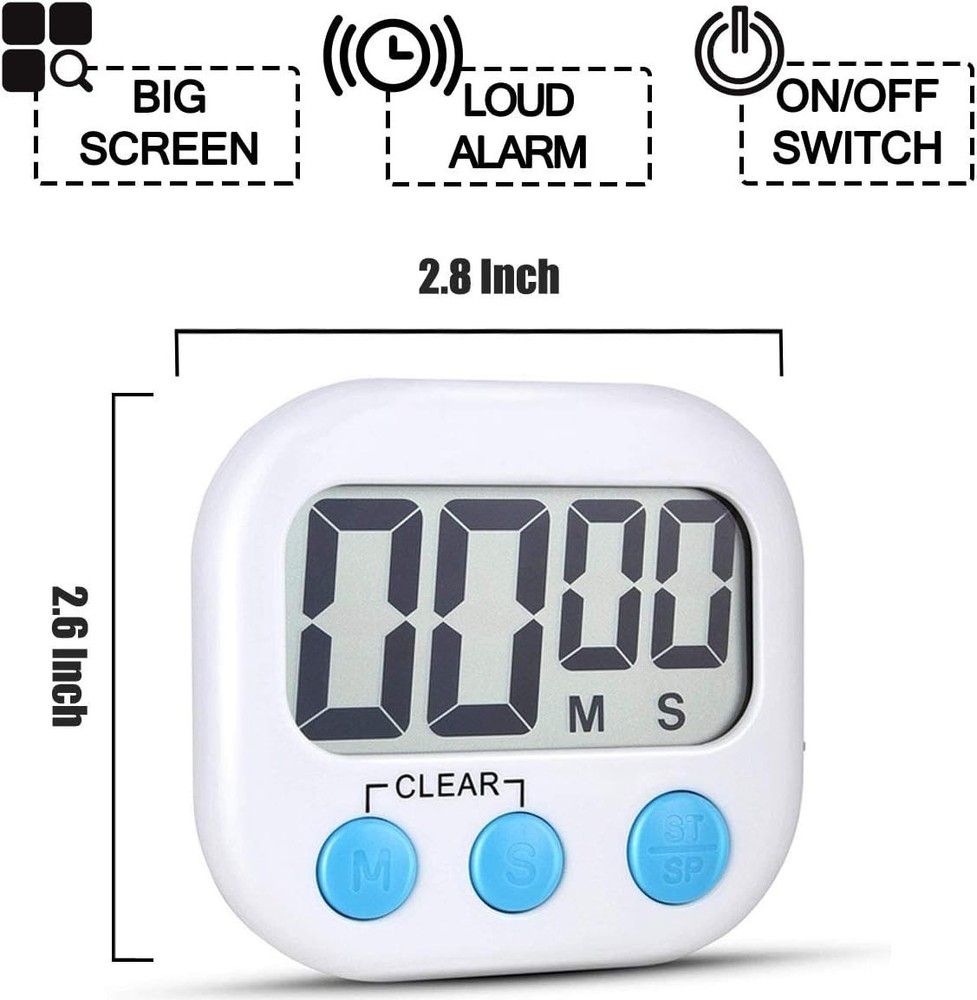 Reliable 2 Pack Cooking Timers with Magnetic Backing & Memory Function - White