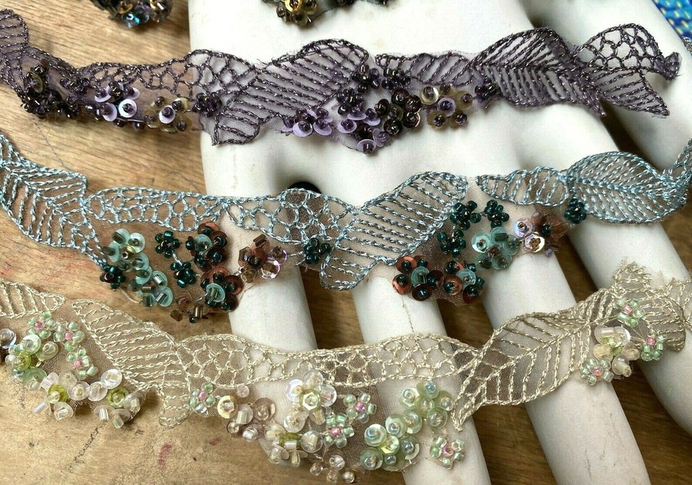 embroidered beads 9" hand sewn sequins strip 1pc assorted