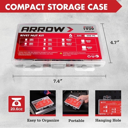 Arrow 200PC Rivet Nut Kit SAE Rivnut Assortment FlatHead Threaded Insert Nutsert