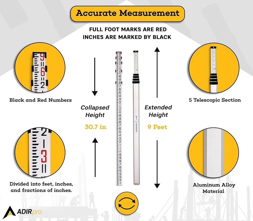 9 ft Telescoping Leveling Rod - Water & Corrosion Resistant with Carrying Case