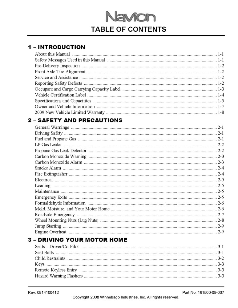 2009 Winnebago Navion Home Owners Operation Manual User Guide Coil Bound