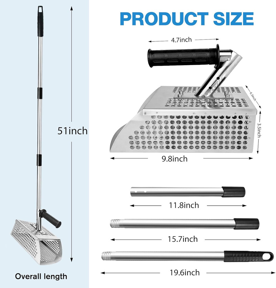 Sand Flea Rake - 51" Long Handle Sand Scoop - Detection Tool with anti Slip Hand