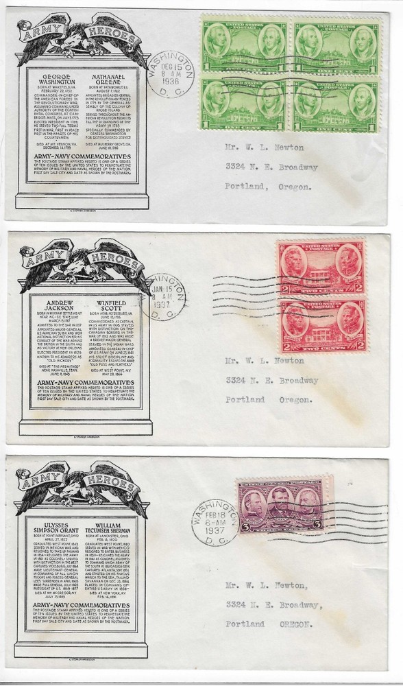 FDC's   #785-94  Army/Navy   --  Anderson set      1936-37