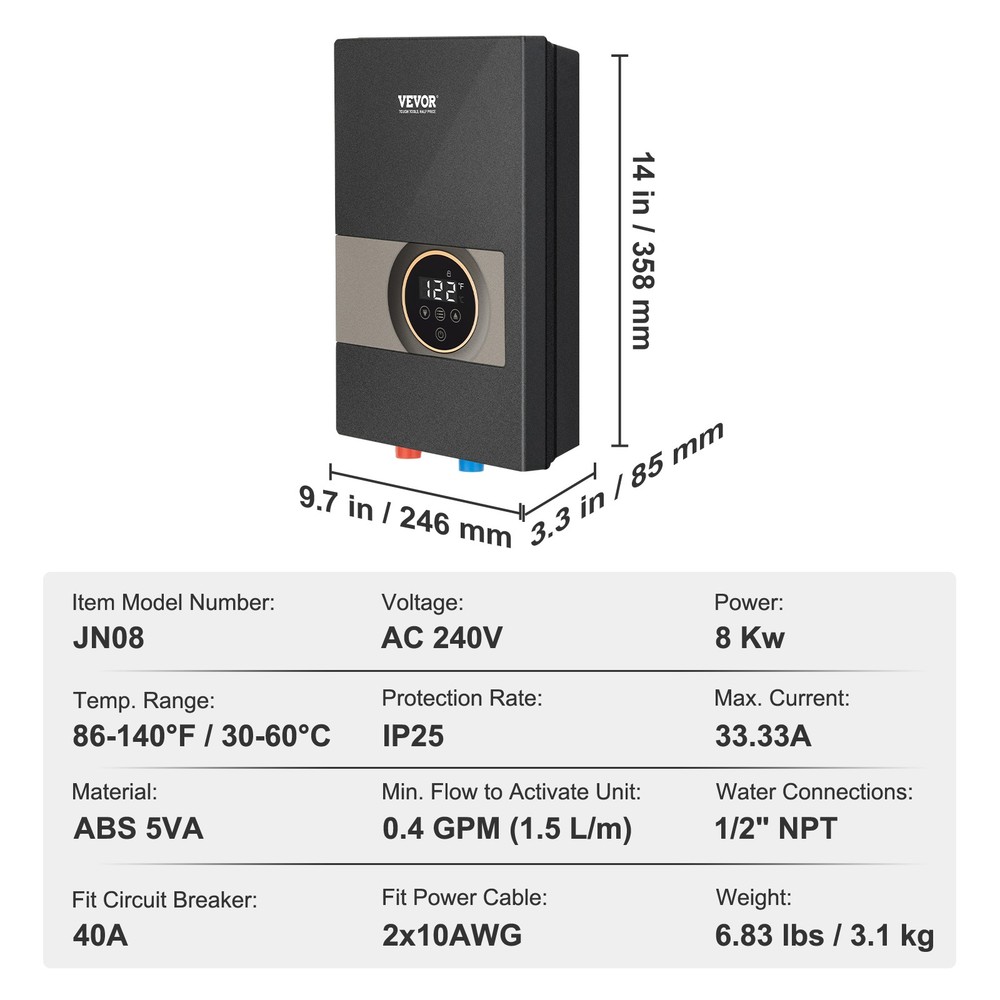VEVOR 8KW Instant Hot Tankless Water Heater Electric Boiler LED IP25 for Shower