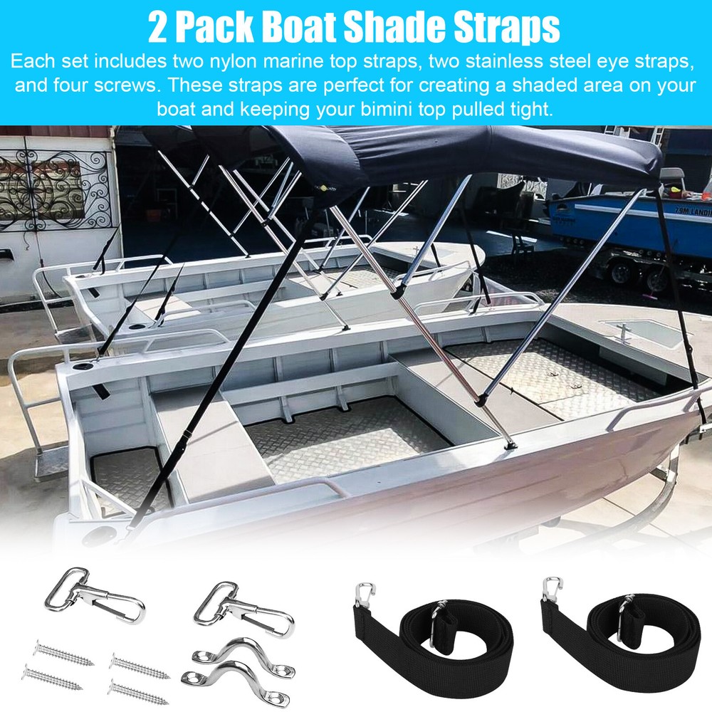 2x Adjustable Bimini Top Tie Down Webbing Straps with Loop Snap Hooks 24" To 43"