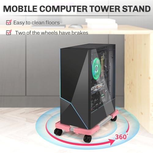 Mobile CPU Tower Stand with Ventilation, 4 Locking Casters, Multiple Pink