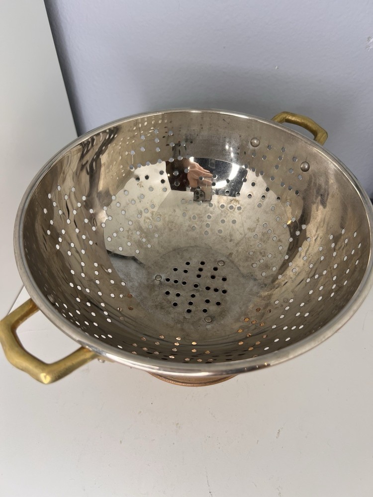 Vintage Copper Colander Tin Lined Brass Handles Footed Strainer Kitchen Decor