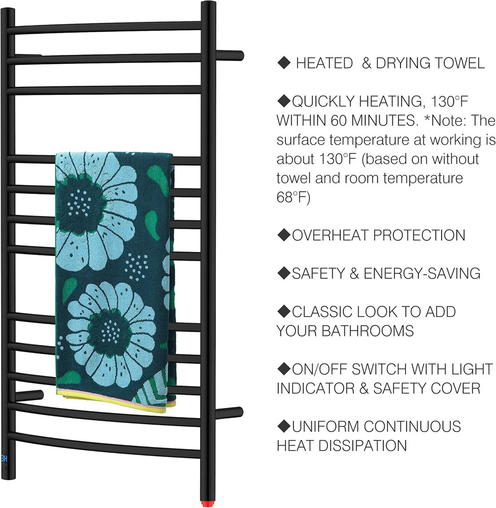 Matte Black Electric Towel Warmer with Timer & Temperature Control, 12-Bar Rack