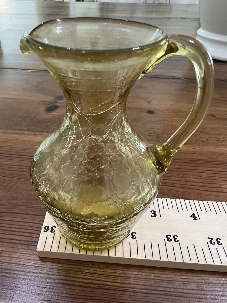 vintage hand blown Art Crackle Yellow Small Pitcher With Applied Handle