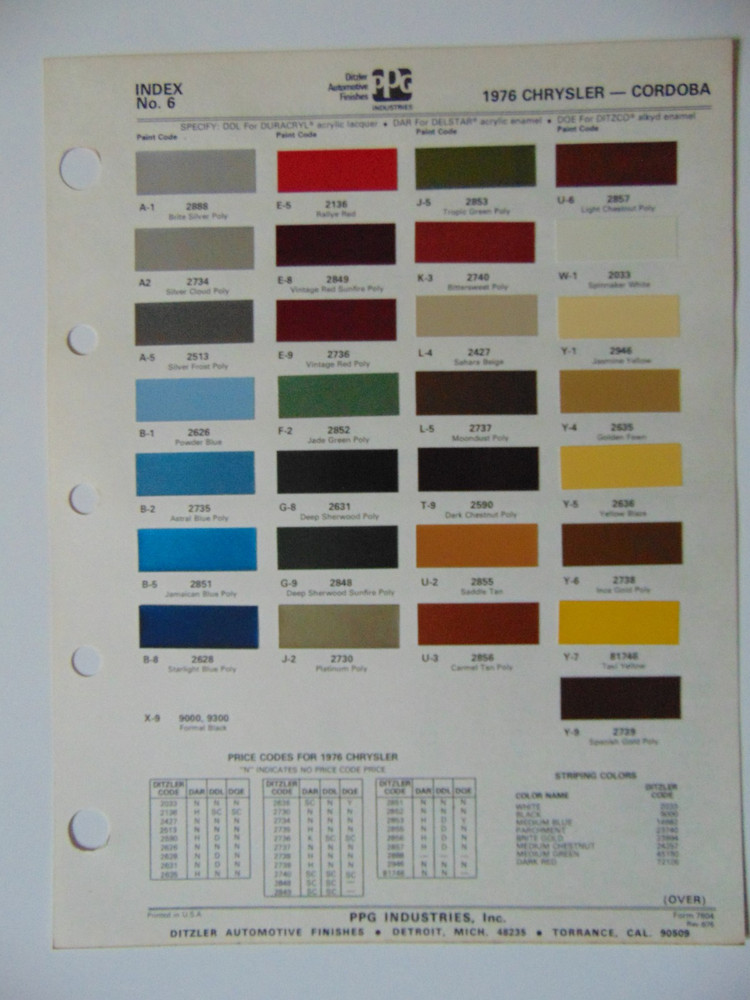 Original 1976 Ditzler Chrysler Paint Chips Sheet - Cordoba
