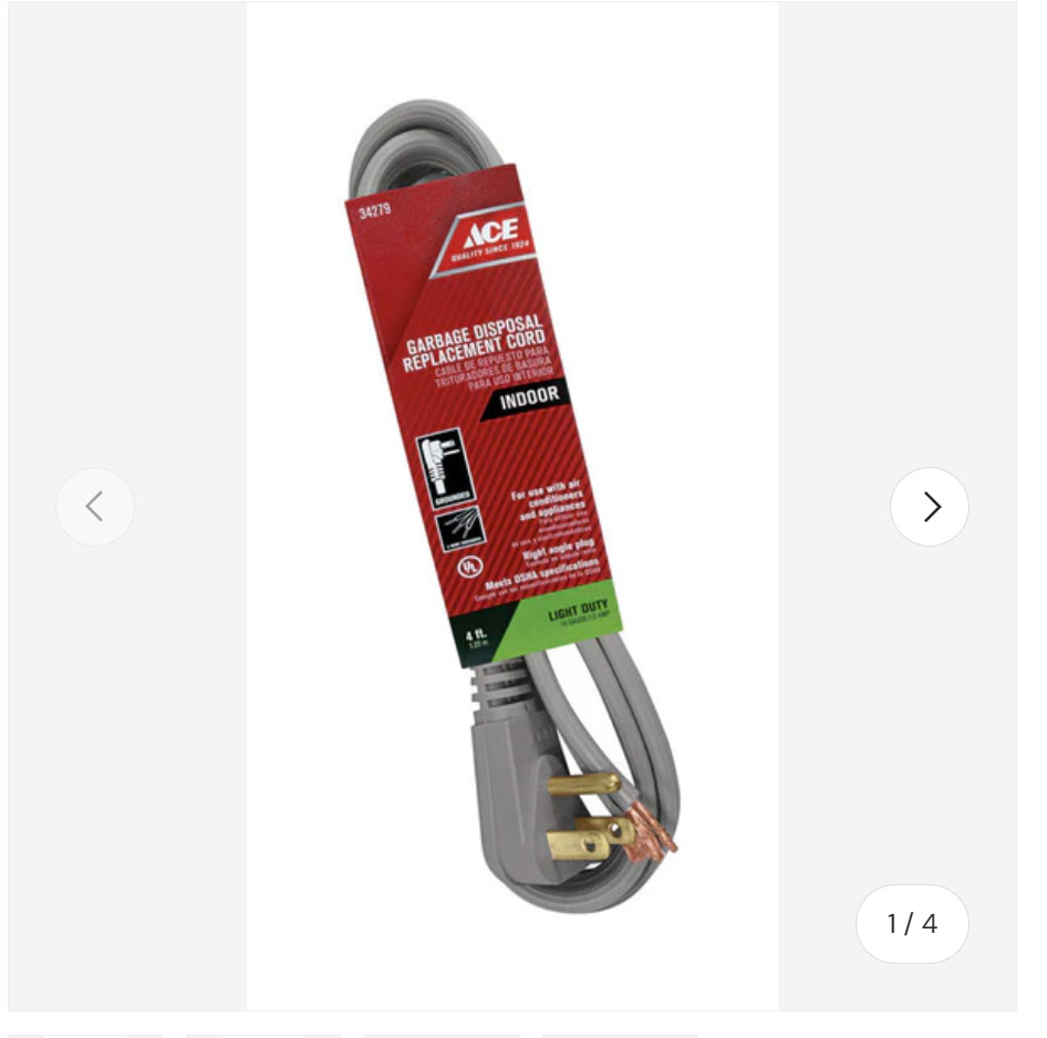 Ace Garbage Disposal Replacment Cord 4' 3 Wire