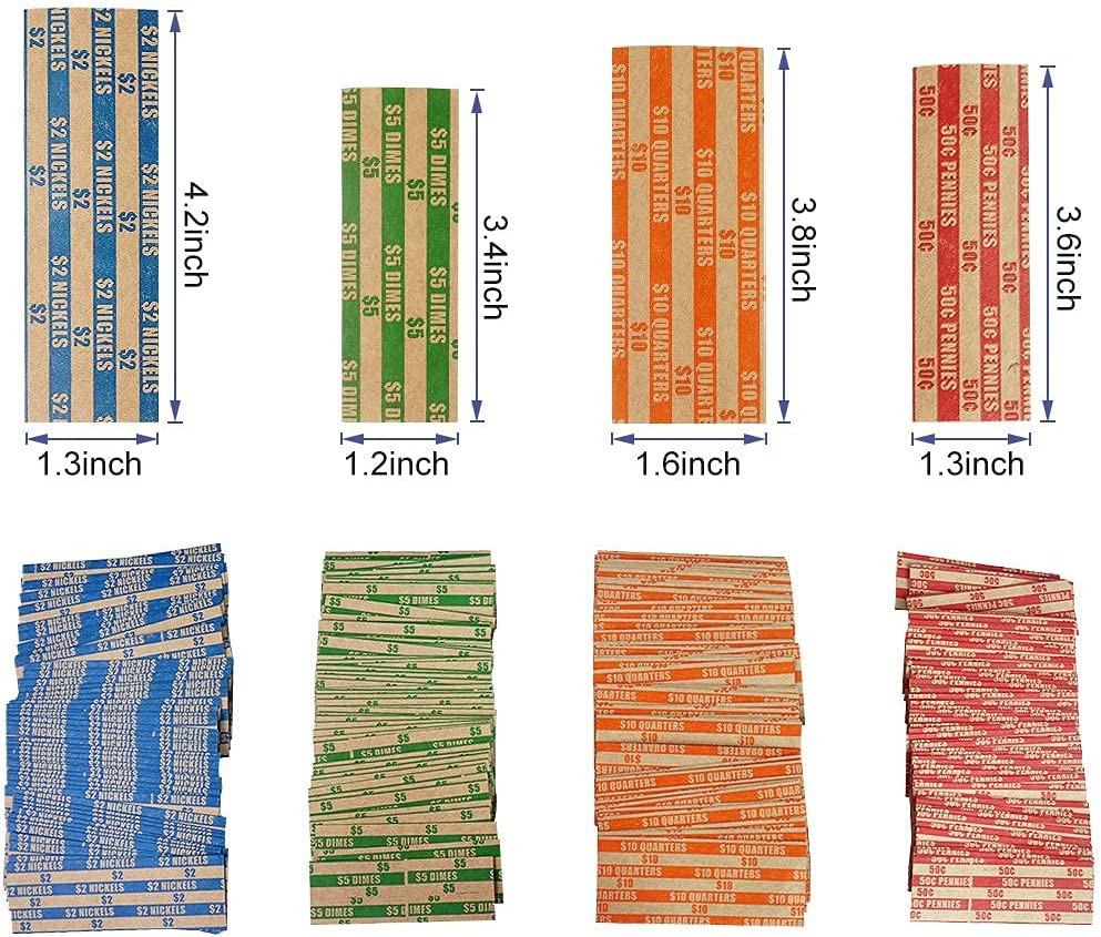 Essential 200 Pcs Assorted Packed Flat Stripped Coin Wrappers,Coin Rolls Wrapper