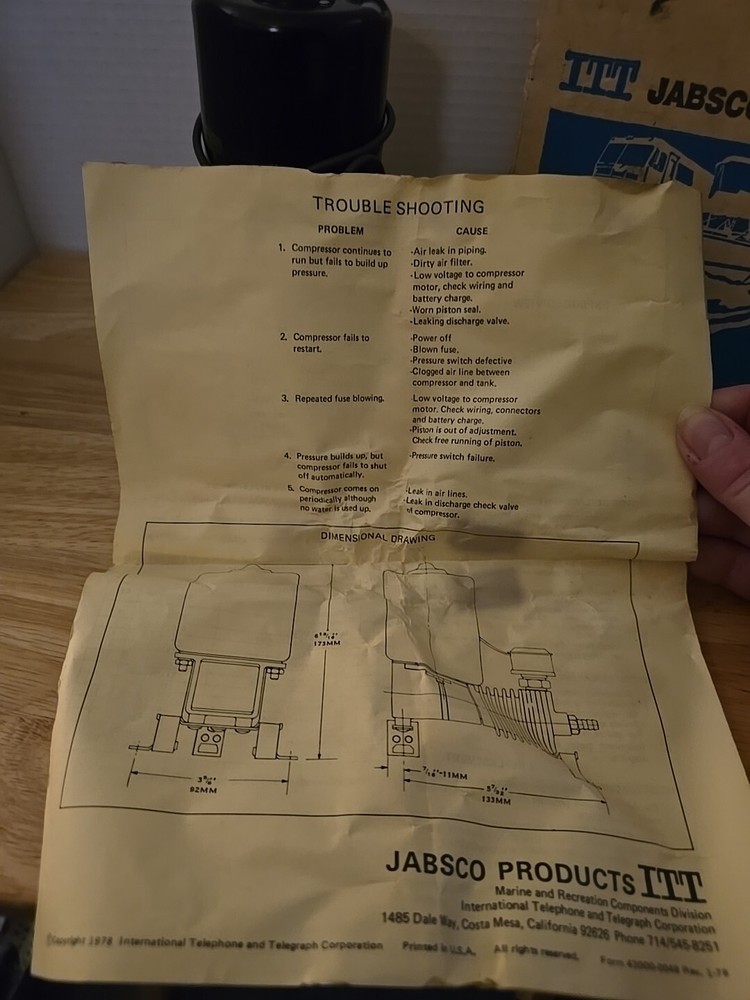 JABSCO PAR 17510-0000 Automatic Pressurizing Water System Air Pump NEW