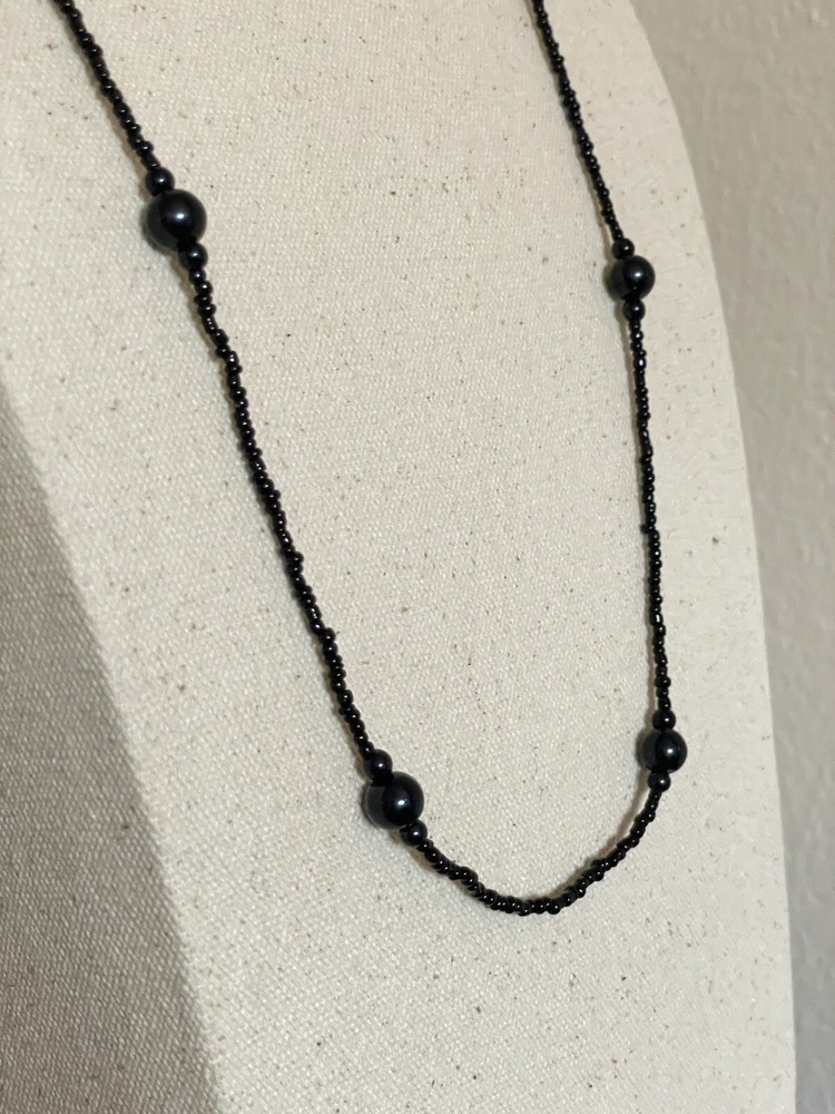 Vintage Estate 28" Black Beaded Variable Sized Bead Delicate Handmade Necklace
