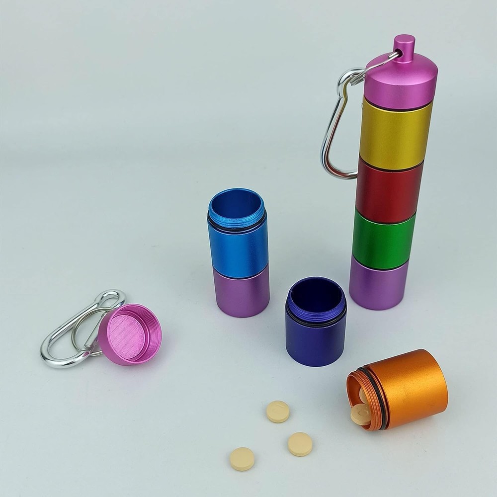 Small Portable Metal Pill Organizer Case Keychain, Stackable Rainbow