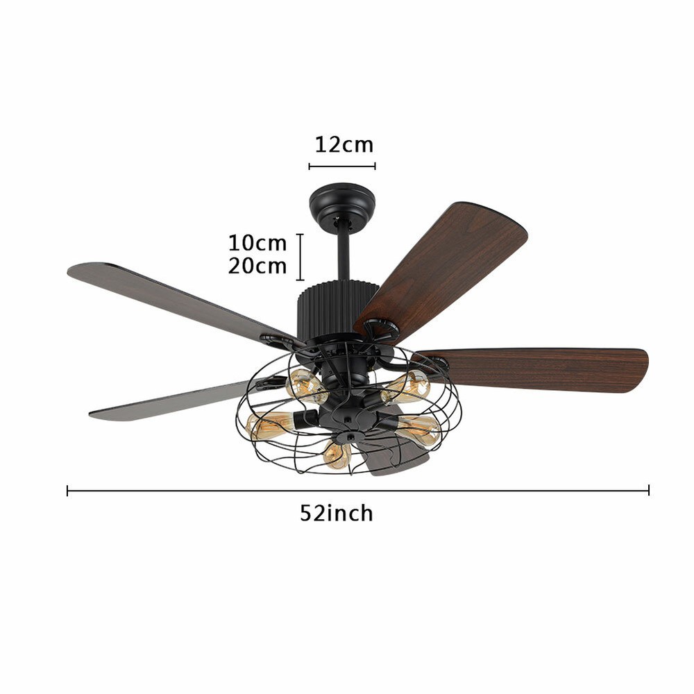 52" Ceiling Fan With Light Cage Rustic LED Chandelier Light 5-Blades with Remote