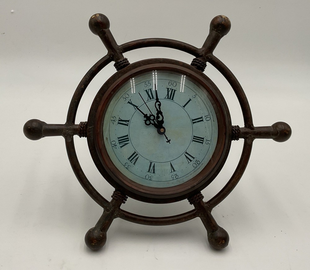 Nautical Ship Wheel-Style Clock Rustic Maritime Tabletop Decor *AS IS*