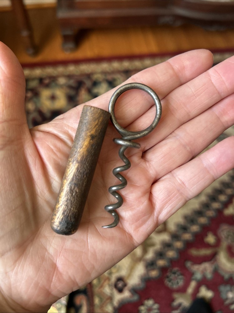 Vtg Twisted Wire Finger Loop Pull Corkscrew Ring Wood Wine Bottle Opener 3”