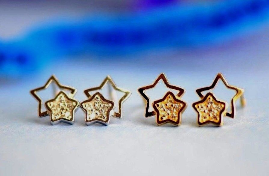14k yellow white gold star and cz stud earrings
