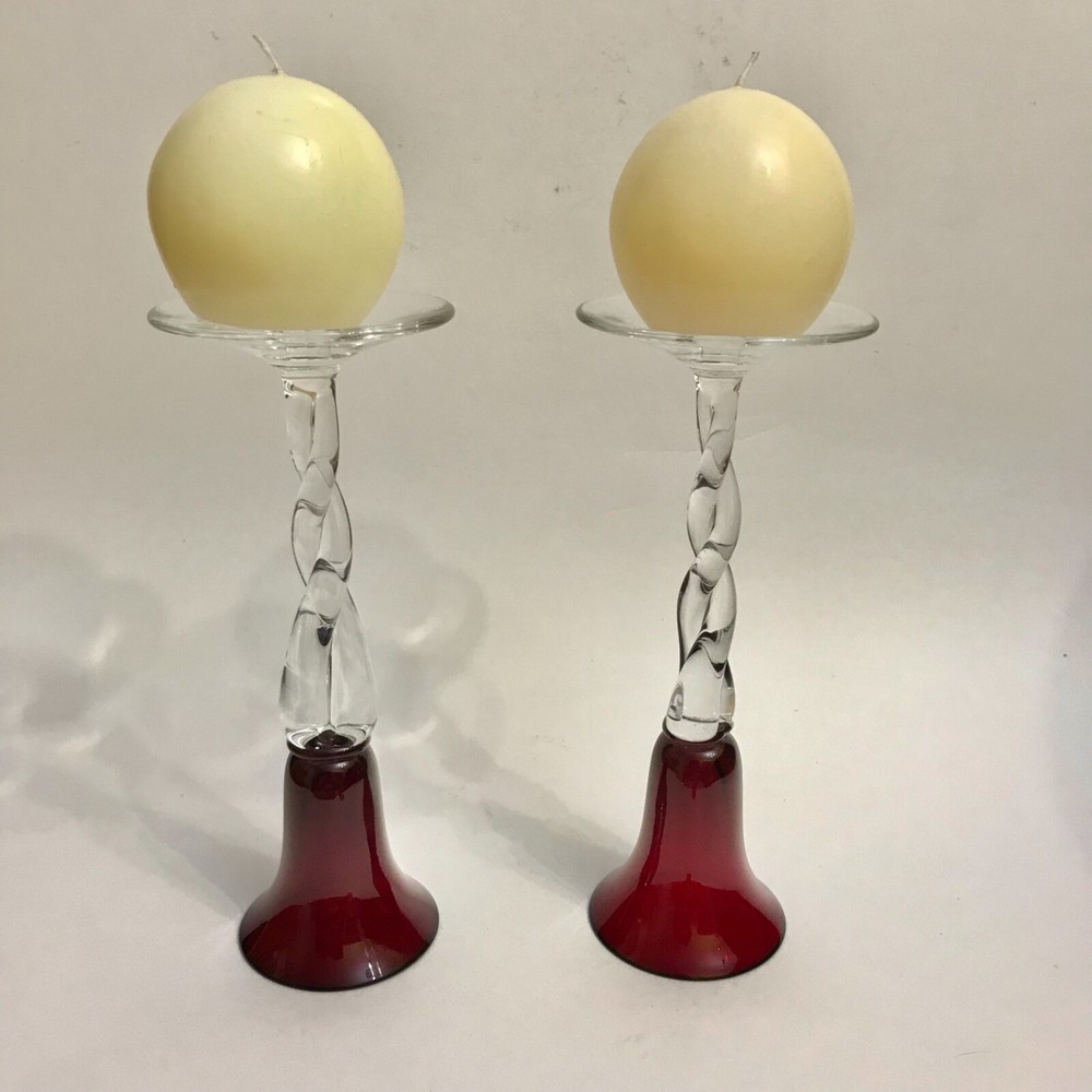 2-Way Candle Holders Ruby Red Clear Twisted Braided Stem Krosno Poland