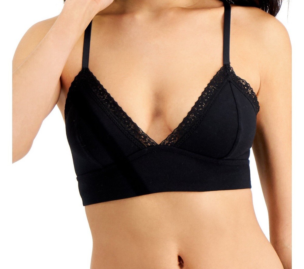 Jenni On Repeat Wide Lace Trim Cotton Bralette Black, Size Large, New
