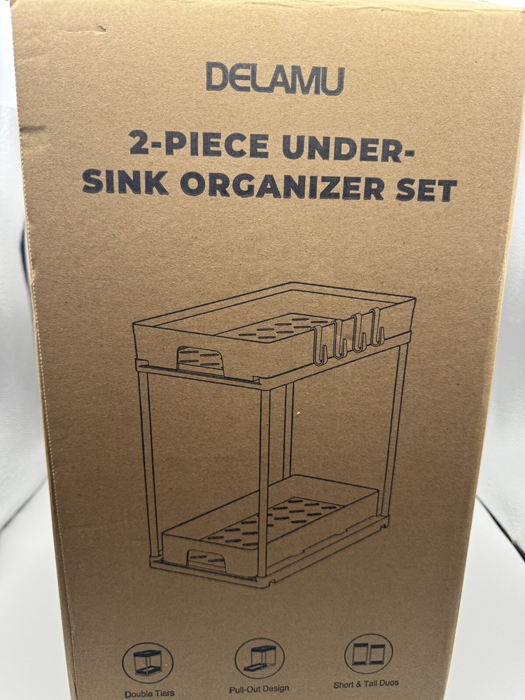 Delamu Under Sink Organizers and Storage, 2 Pack Pull Out Kitchen Black