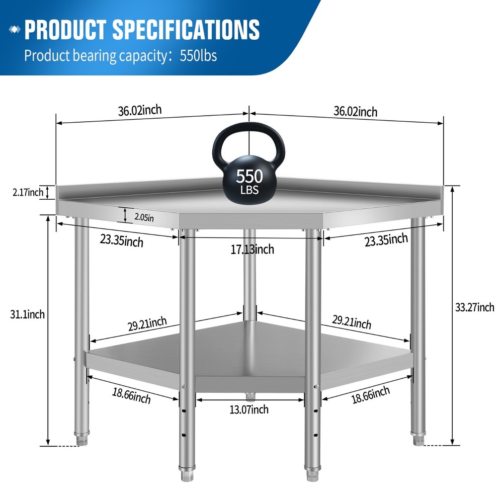 Corner Stainless Steel Table with Splash Guard and Adjustable Lower Shelf