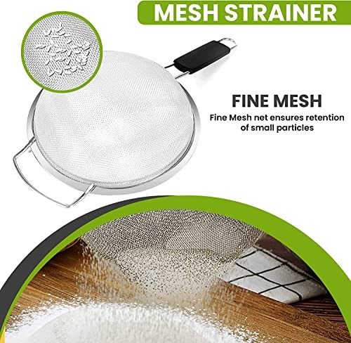 10" Large Fine Mesh Strainer with Thermo Plastic Rubber Handle - Sieve Fine