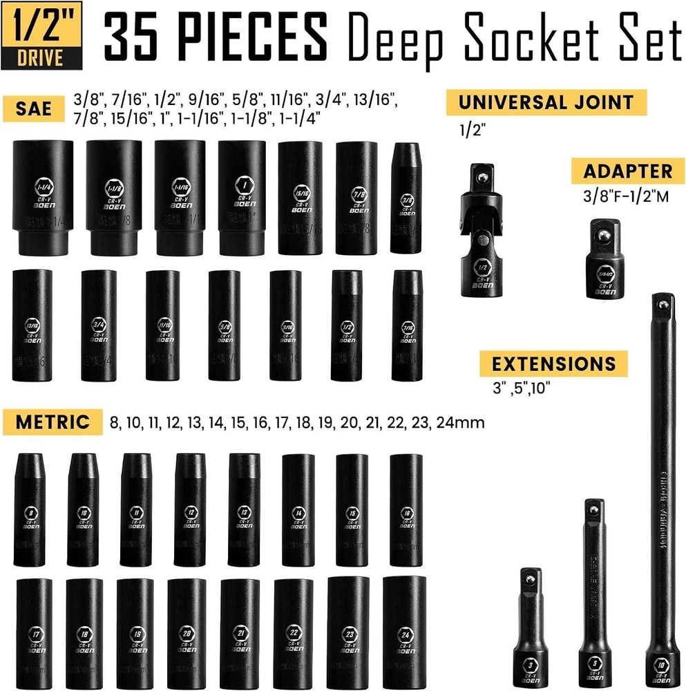 35-Piece 1/2" Drive Deep Impact Socket Set Home Workshop Hand SAE Extensions New
