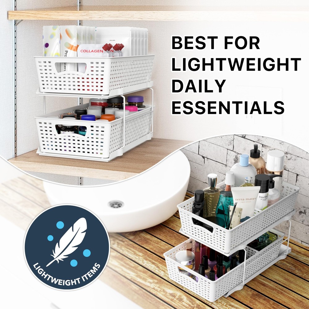 2 Tier Bathroom Organizer Tray Pull-Out Sliding Drawer, Under Sink Storage, W...