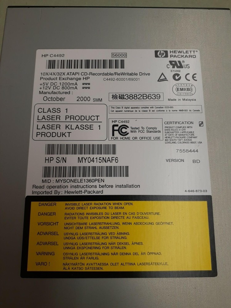 Hewlett Packard CD-Recordable/ReWritable Drive HP C4492