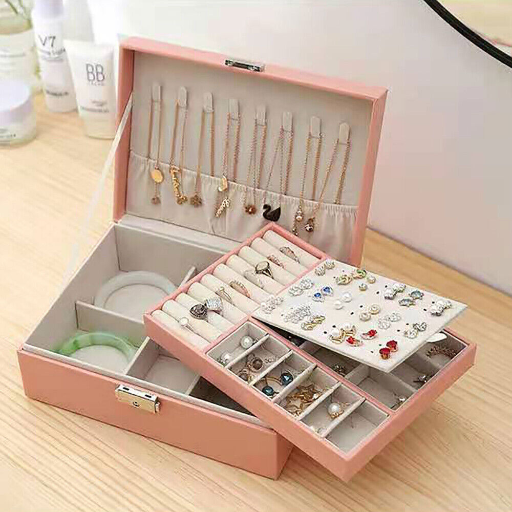 Jewelry Box 2-Layer Organizer Case Large Storage Necklace Ring Organizer Leather