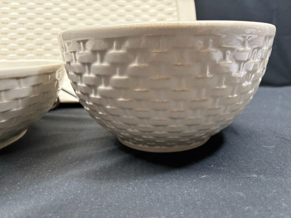 Pfaltzgraff "HAMPTONS" Basketweave ~ 3 Piece Serving Set: Bowls, Platter