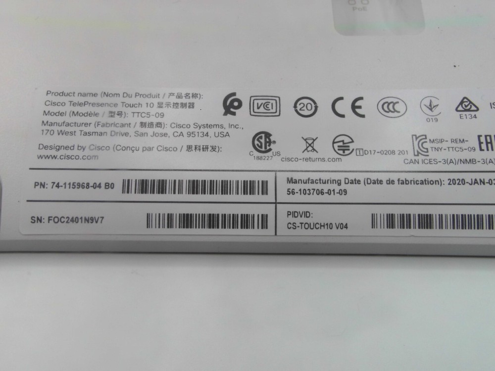 CISCO TELEPRESENCE CS-TOUCH10 V01 TOUCH CONTROL MODEL TTC5-09