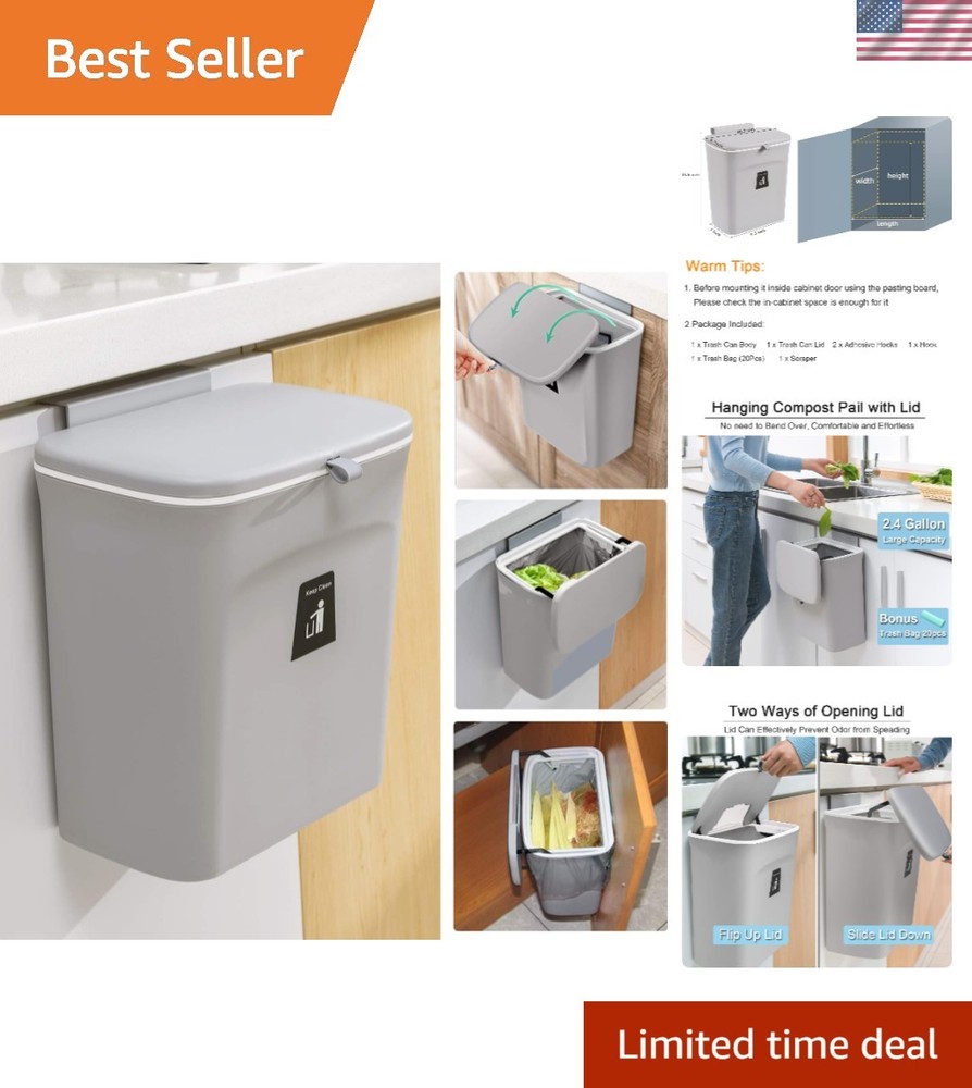 Stylish 2.4 Gallon Kitchen Compost Bin - Wall-Mountable & Durable Gray Design