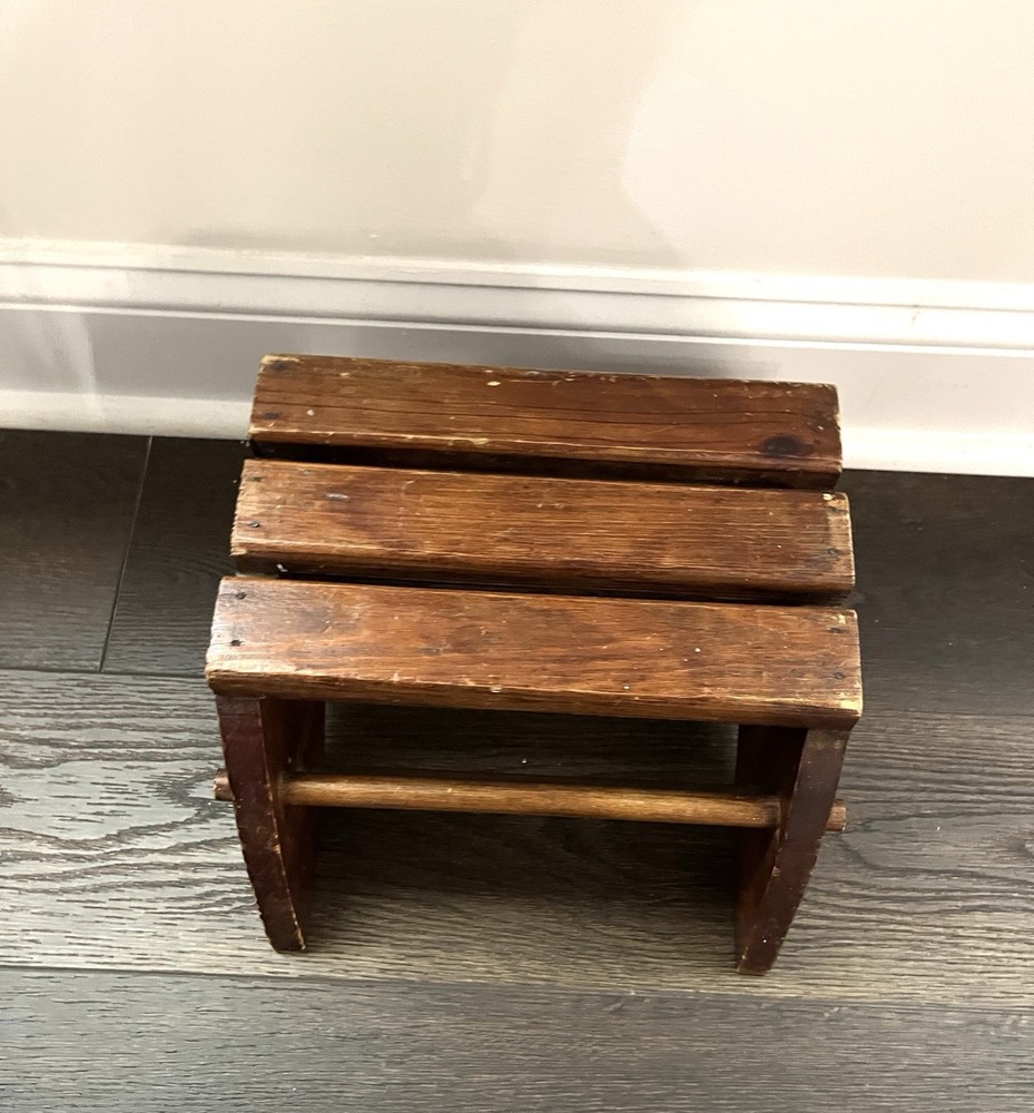 Vintage Handcrafted Oak Wood Step Stool Primitive Distressed Solid Foot Bench
