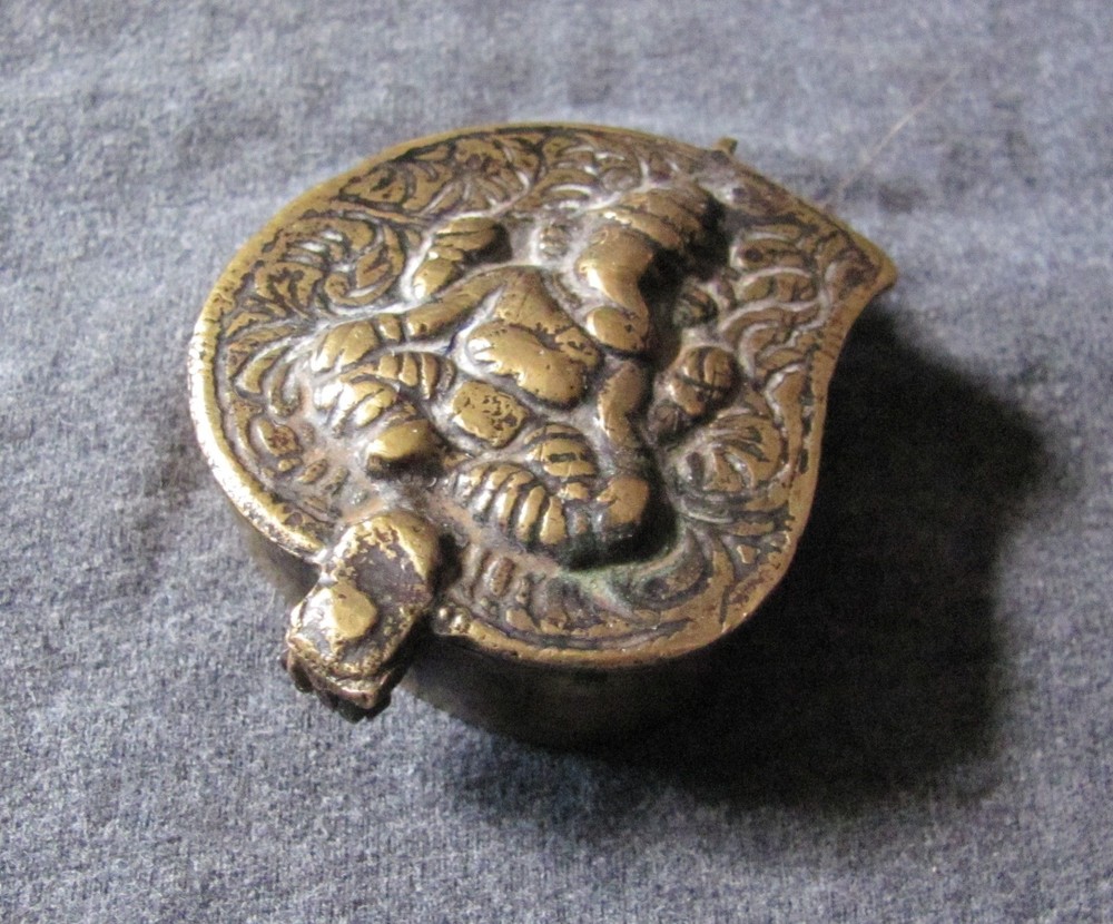 Unusual Primitive Brass Lidded Box Embosed Hindu God Ganesh