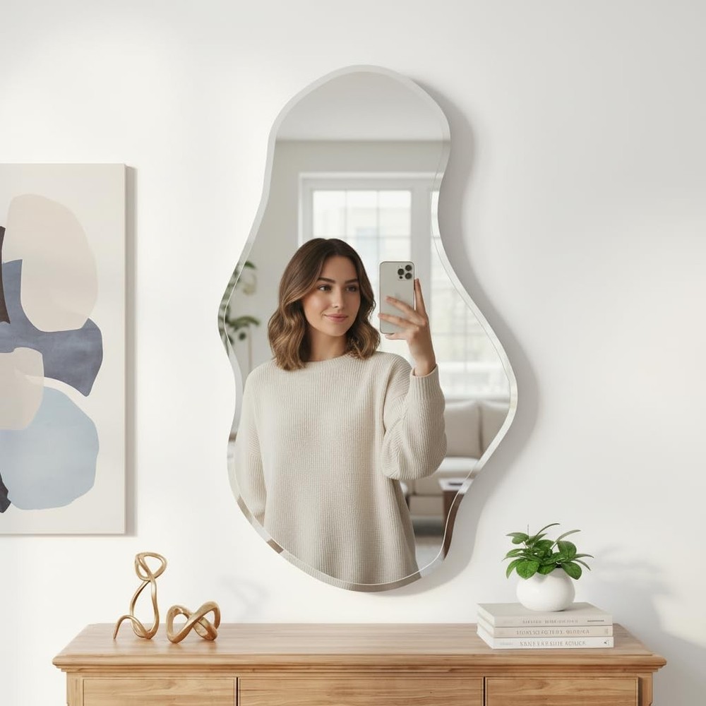 USHOWER 26x46 Irregular Wall Mirror Frameless Wavy Beveled Decorative Mirror
