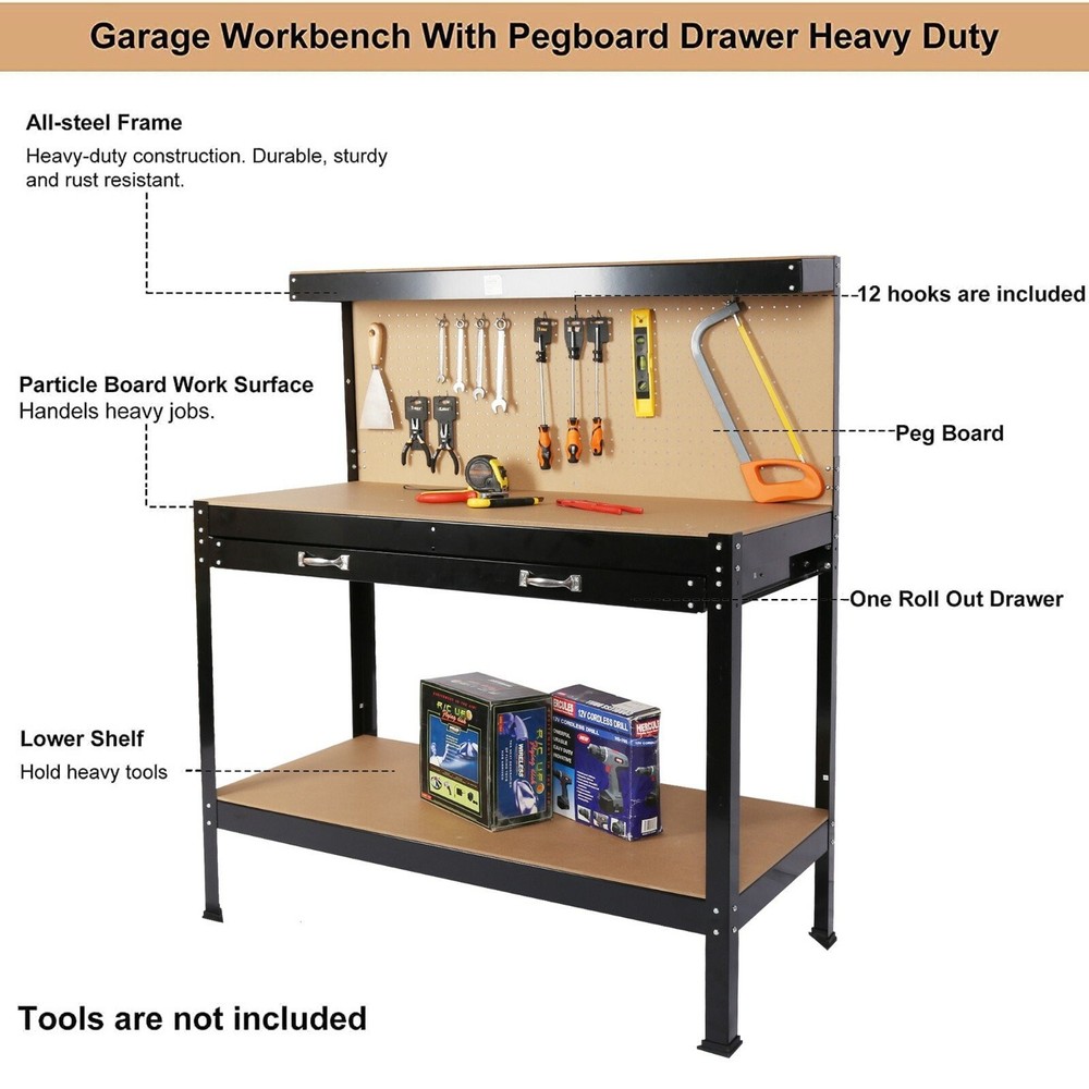63" Workshop Table Work Bench Garage Steel Tool Storage Drawers Shelves PegBoard