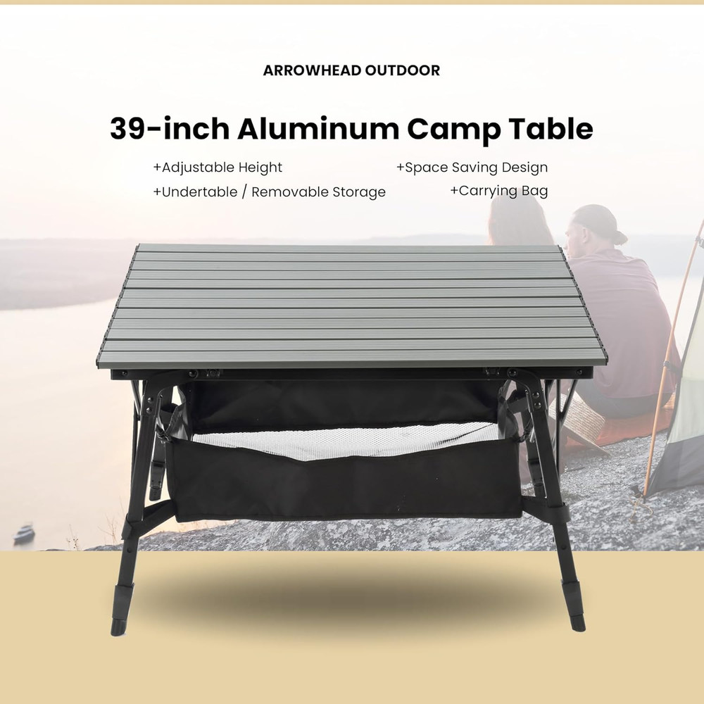 39" Aluminum Folding Camp Roll up Table W/Adjustable Height, Undertable Mesh Sto