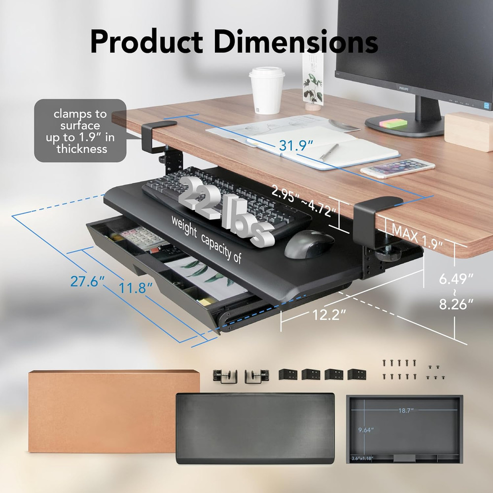 Adjustable Keyboard Tray with Drawer - Under Desk Pull Out Organizer 27.5