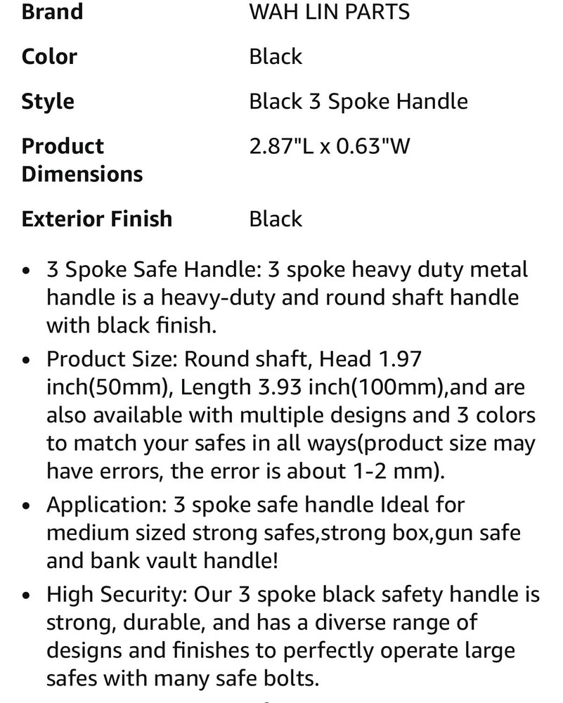 3 Spoke Gun Safe Handle Replacement Heavy-Duty Black For Fireproof Safe Handle