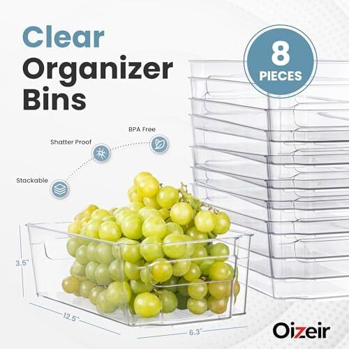 Oizeir 8 Pack Clear Plastic Fridge Organizer Bins – Stackable Refrigerator & P
