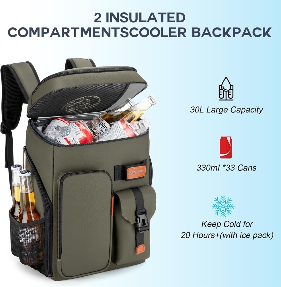 33-Can Cooler Backpack, Double Compartment, Waterproof, Camping Beach