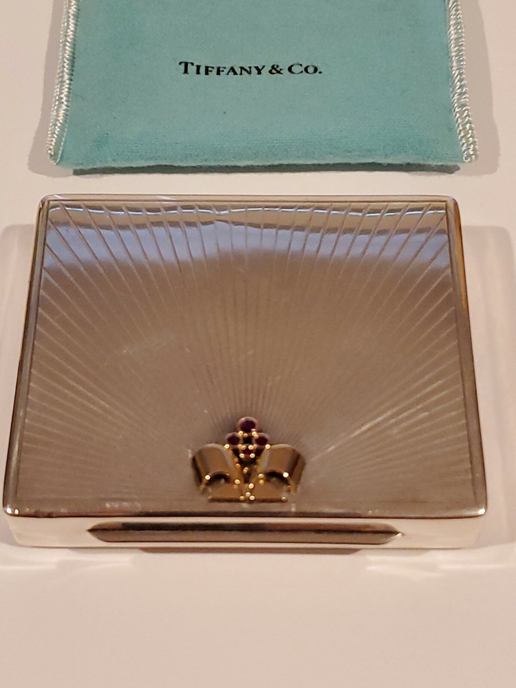 Large Tiffany & Co Sterling Silver/14k and Ruby Compact Or Storage Box + pouch