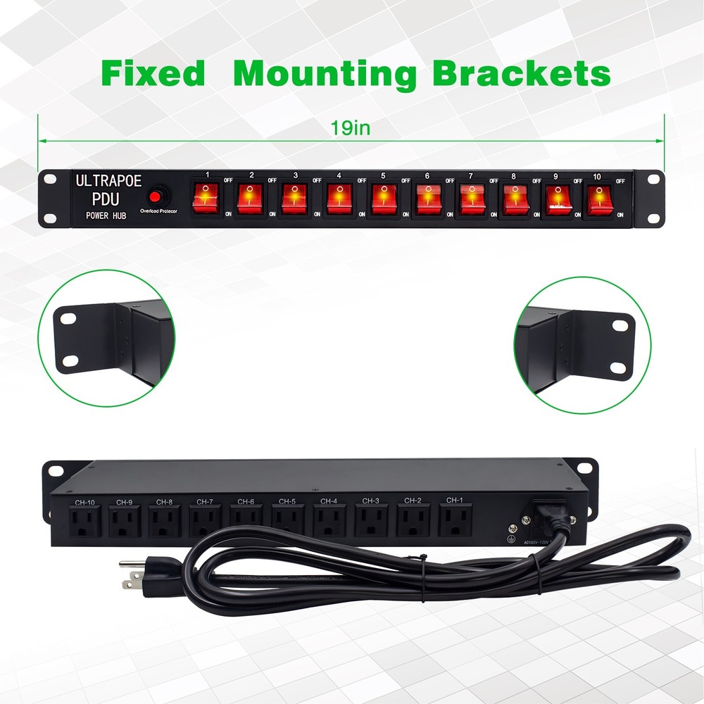 10 Outlets 1U PDU Rack Mount Power Strip-Network Server Racks - Surge Protector
